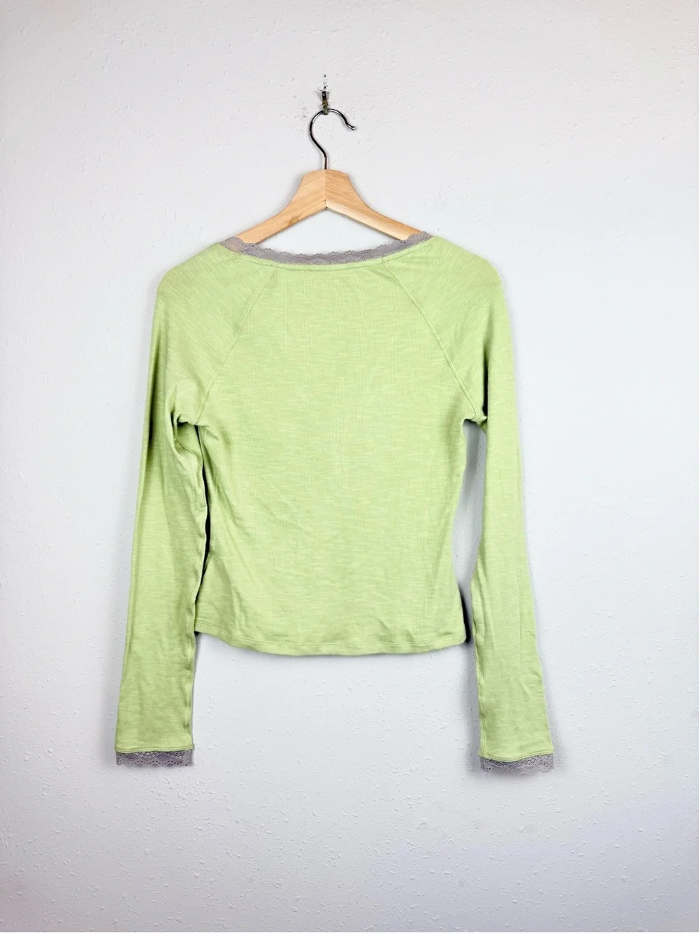 Free People A Little Bit Lace Layering Long Sleeve Green Top Size Large NWT